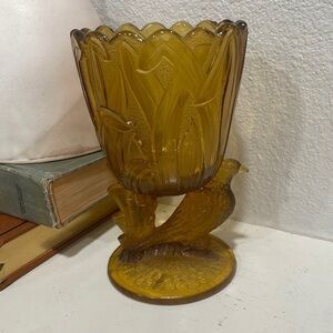 Vintage amber glass scalloped bird pedestal